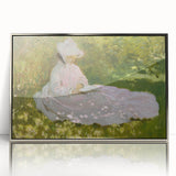 Mid-century modernist art by Claude Monet, featuring pastel shades on acrylic print in silver frame.