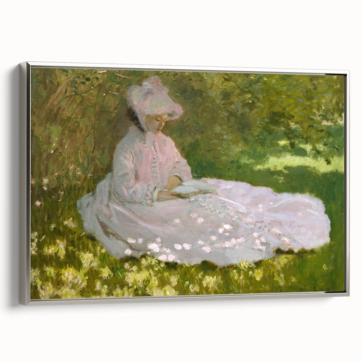 Landscape art painting by Claude Monet featuring colorful garden scene on framed canvas, ideal for living room decor.