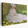 Side view of a Claude Monet-inspired stretched canvas depicting a garden scene in soft pastel shades.