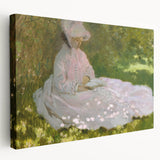 Side view of a Claude Monet-inspired stretched canvas depicting a garden scene in soft pastel shades.