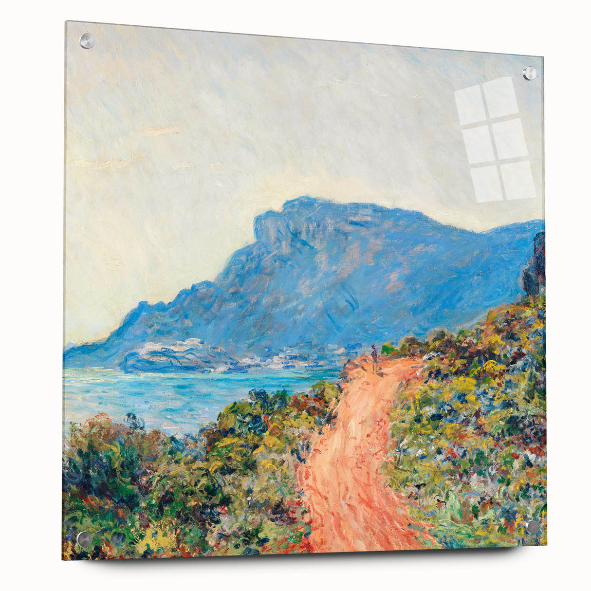 Acrylic glass print of a Claude Monet-inspired landscape in soft pastel hues, ideal for bedroom or dining room decor.