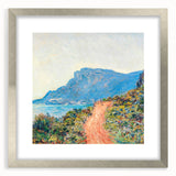 Textured art print of an abstract water lilies scene in soft blues and greens, presented in a silver frame.