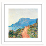 Abstract art print of a Claude Monet-inspired landscape in soft blues and greens, framed in white.