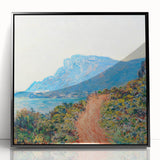 Large abstract wall art depicting a Monet-inspired scene in muted greens and blues on a framed acrylic.