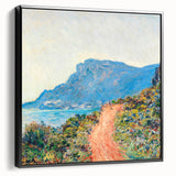 Black and white framed canvas of a Claude Monet landscape painting, ideal for bedroom wall art.