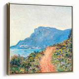 Vintage poster art featuring a Claude Monet landscape painting in black frame, ideal for bedroom wall art.