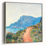 Framed canvas featuring a Claude Monet landscape painting with colorful foliage and a serene river.