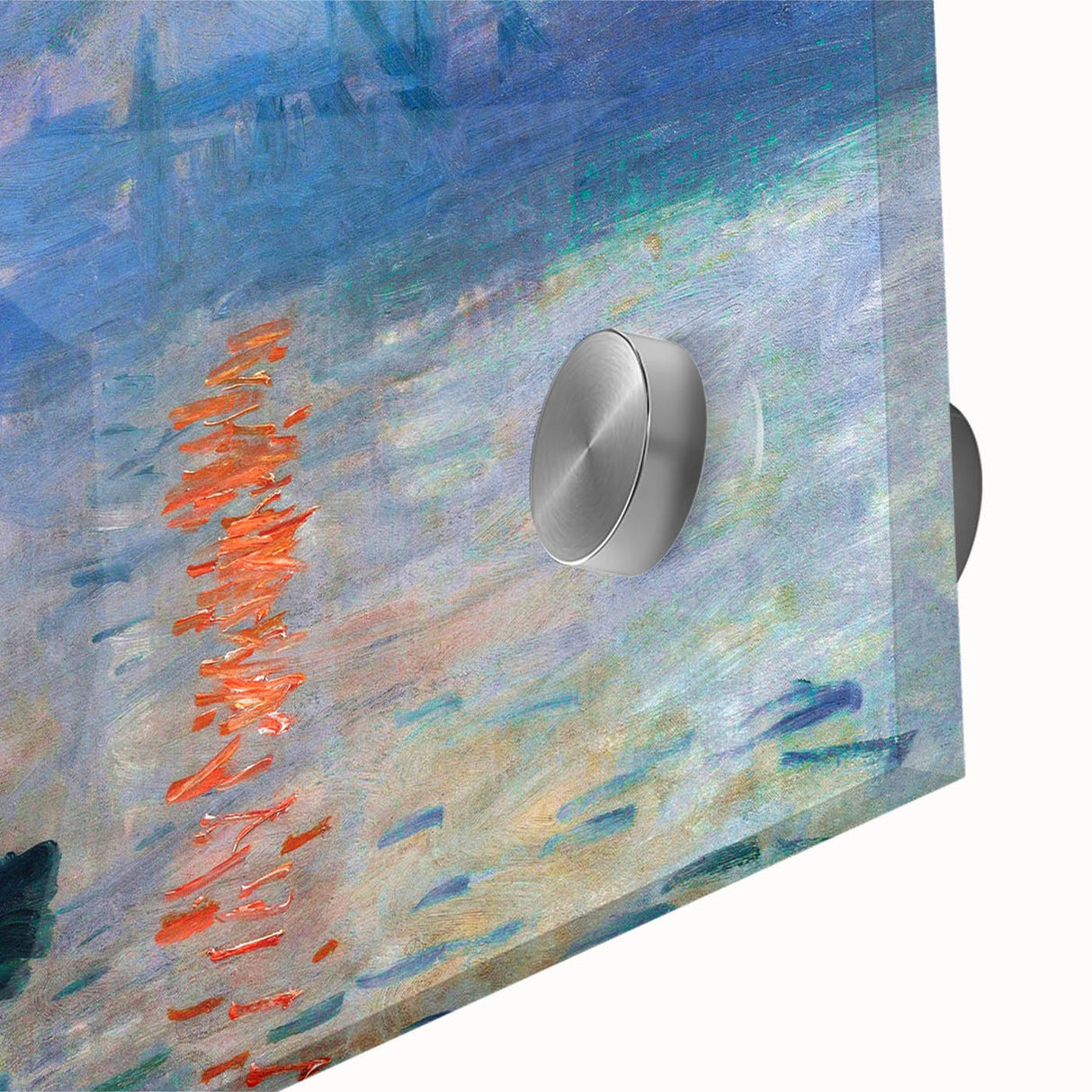 Large abstract wall art by Claude Monet in muted blue and green tones, acrylic glass, ideal for dining room art.