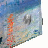 Large abstract wall art by Claude Monet in muted blue and green tones, acrylic glass, ideal for dining room art.