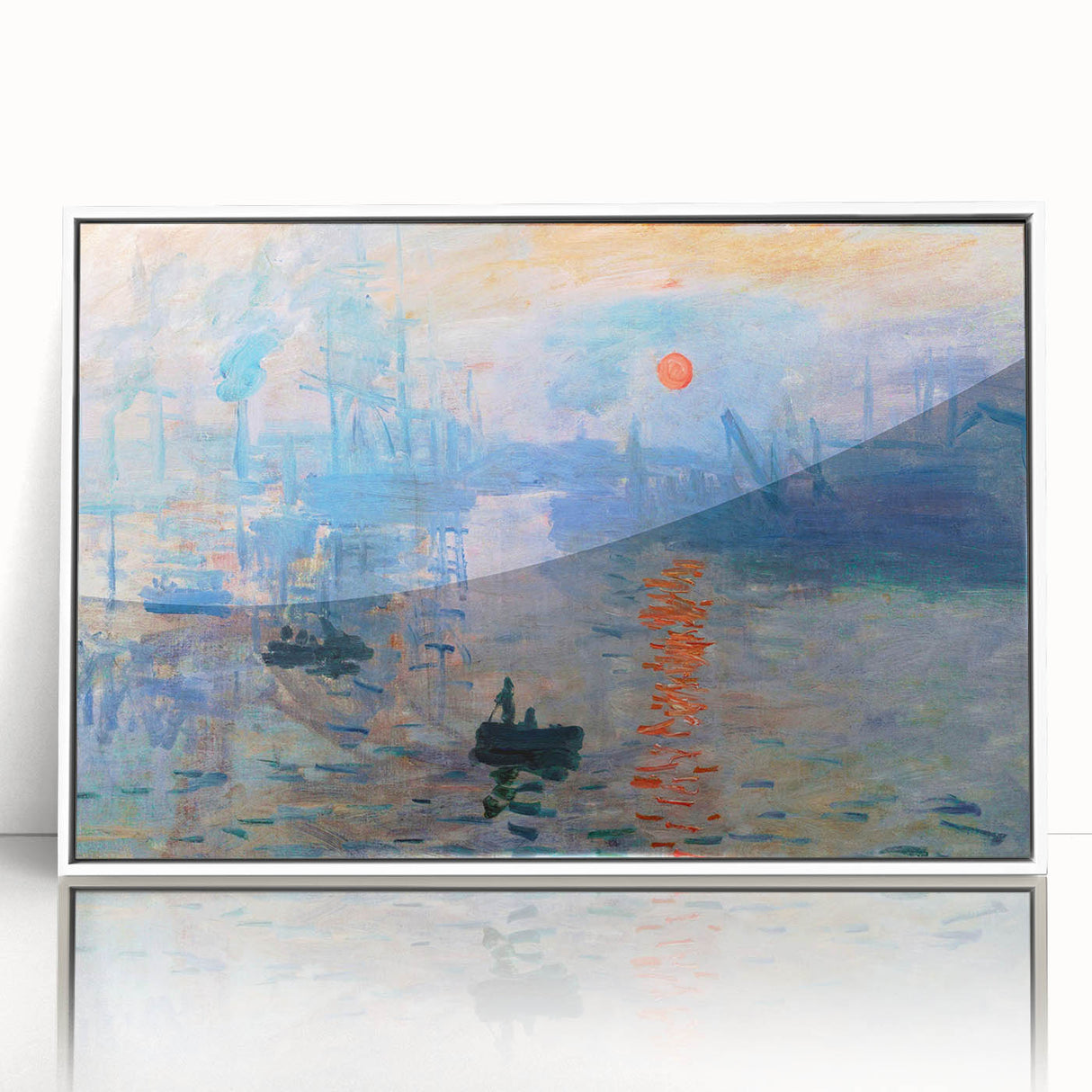 Acrylic print of Claude Monet-inspired landscape in soft pastel colors, framed in white, suitable for modern nursery decor.