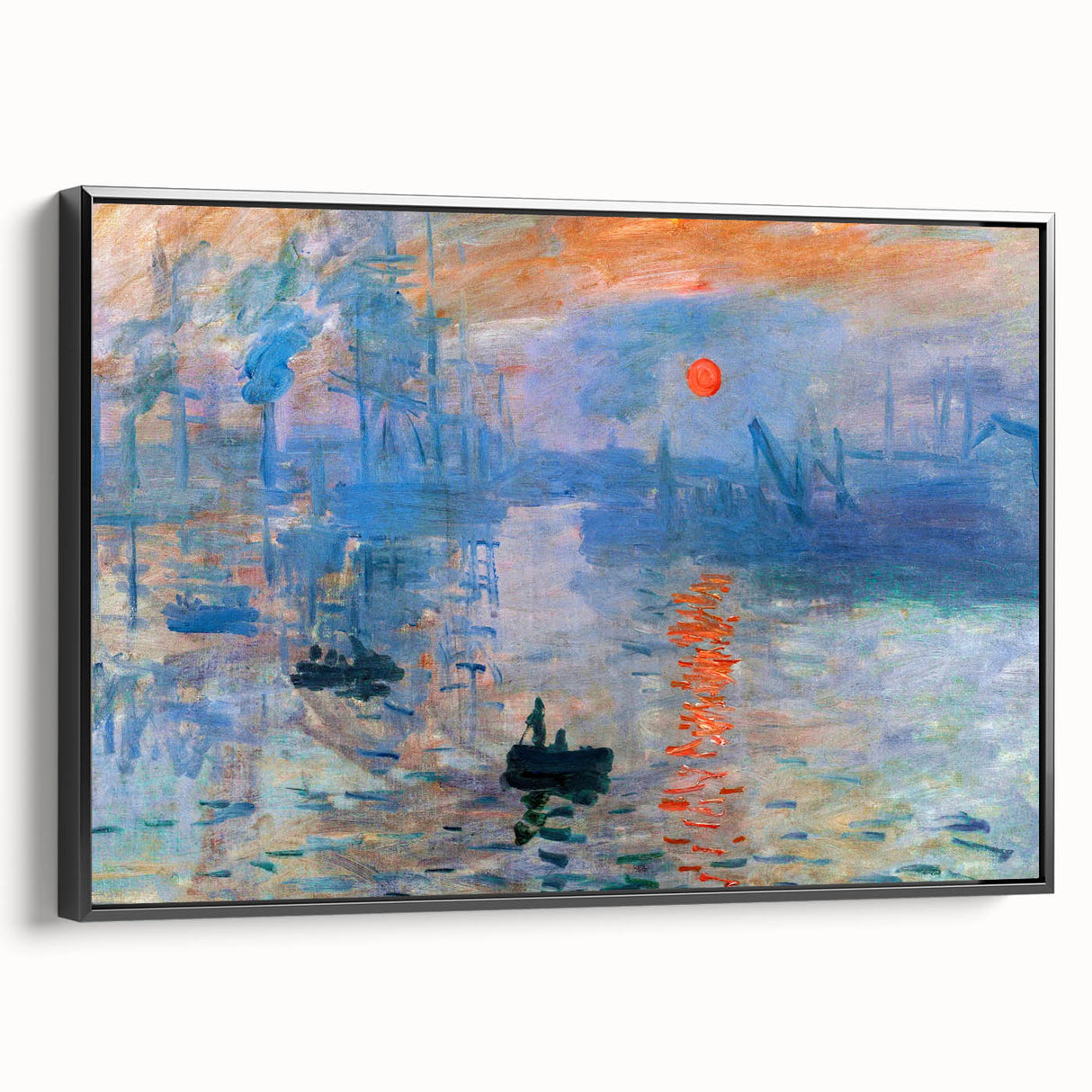 Black and white framed canvas featuring a Claude Monet landscape painting, ideal for bedroom wall decor.