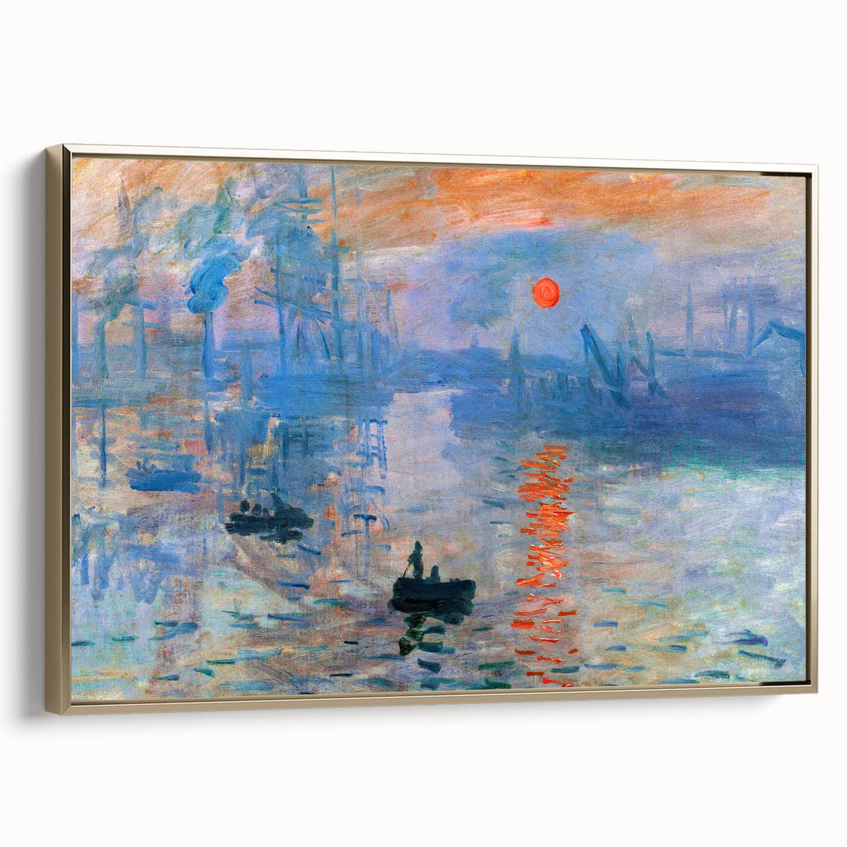 Framed canvas depicting a Claude Monet landscape painting in muted earth tones, ideal for bedroom wall art.