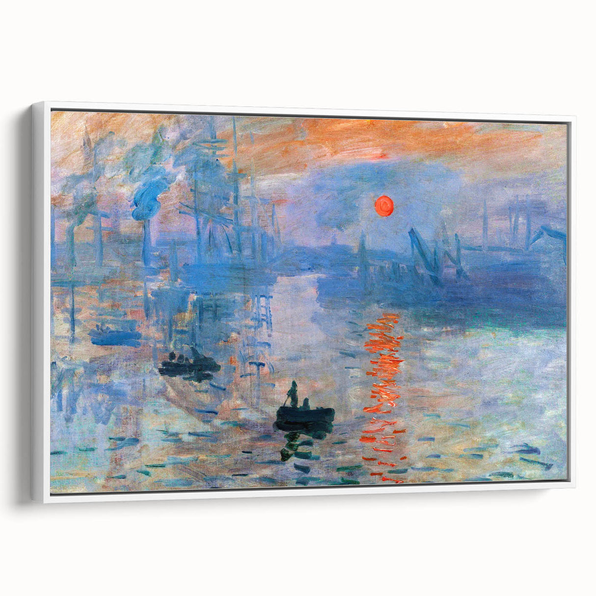 Vintage poster art of a Claude Monet painting with vibrant color palette, framed in white, ideal for living room decor.