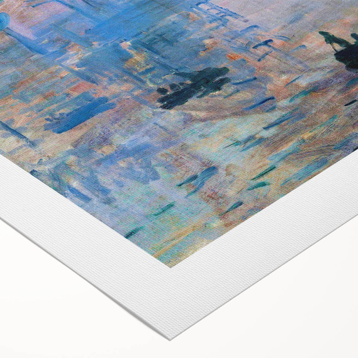 Art deco poster featuring a Claude Monet landscape in soft green and blue tones on rolled canvas.