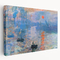 Side view of a Claude Monet-inspired stretched canvas featuring soft pastel water lilies, ideal for kitchen wall art.