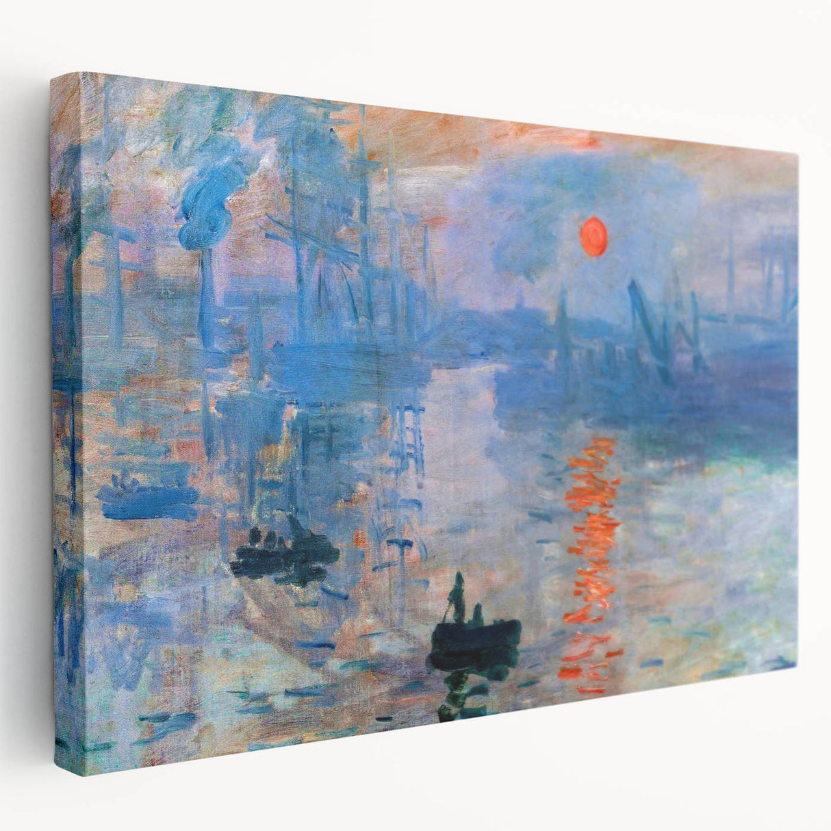 Side view of a Claude Monet-inspired stretched canvas featuring soft pastel water lilies, ideal for kitchen wall art.