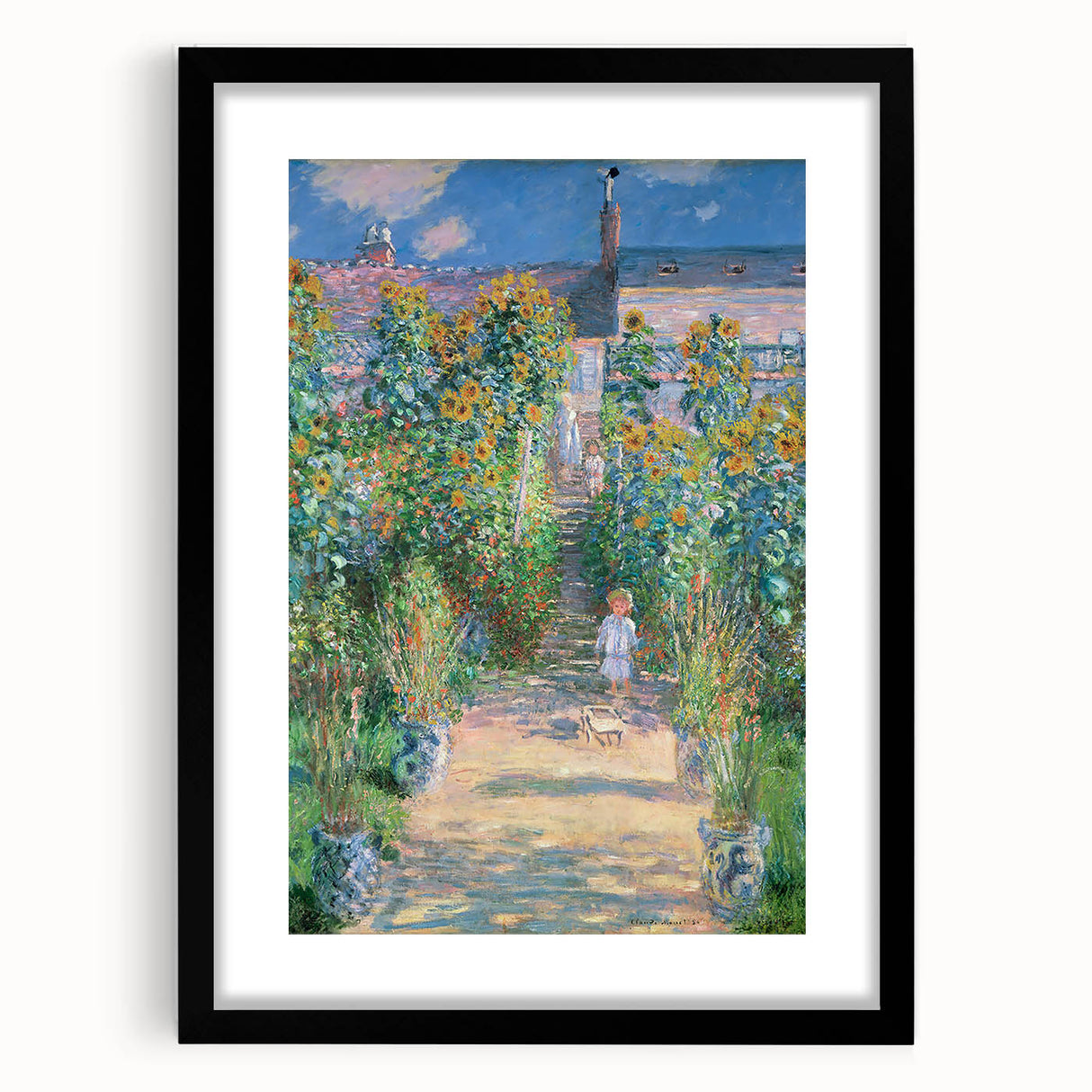 Extra large abstract art print of a colorful, textured scene on a black framed canvas, ideal for living room decor.