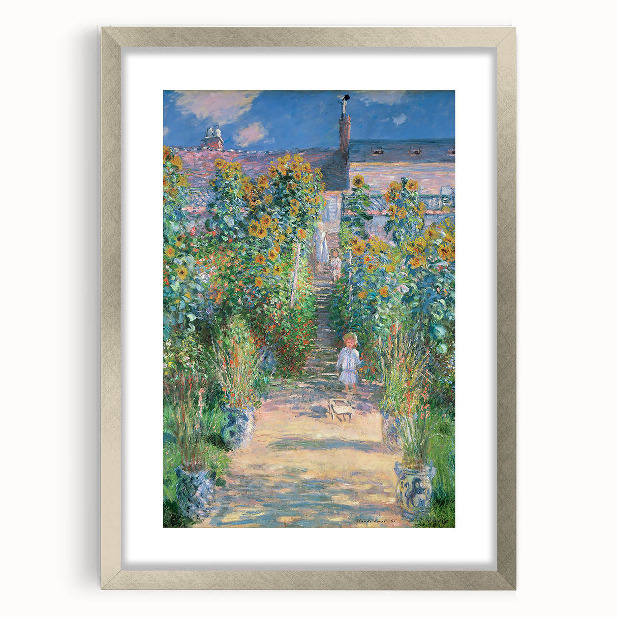 Textured abstract art print of a Claude Monet-inspired landscape in muted green and blue tones, framed in silver.