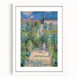 Abstract art print of a Claude Monet-inspired landscape in soft blue and green tones, framed in white.