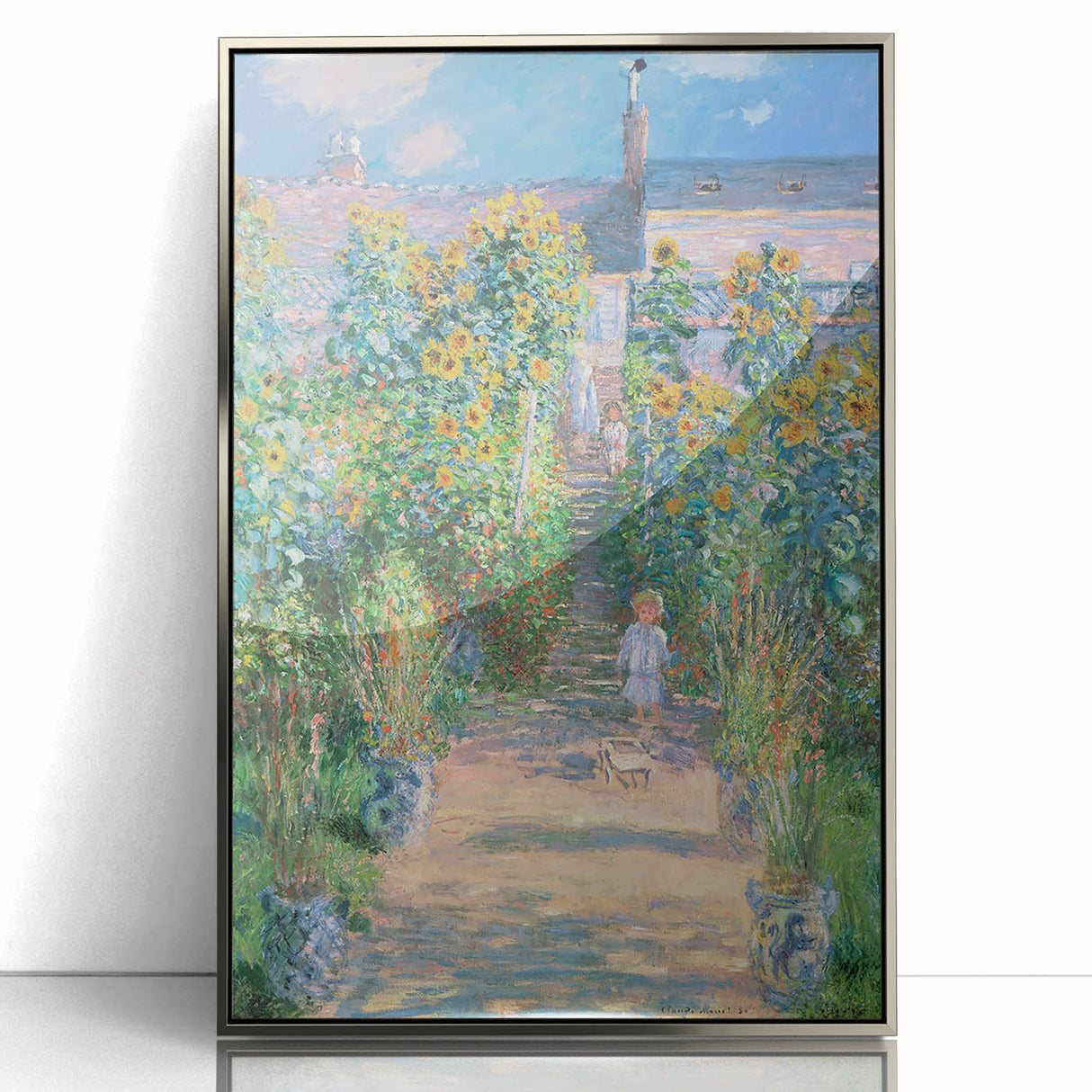 Mid-century modernist art depicting a Claude Monet landscape in muted greens and blues, acrylic print in silver frame.