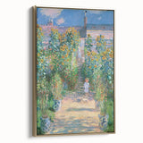 Framed canvas of Claude Monet's landscape painting in muted green and blue shades, ideal for bedroom wall art.
