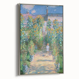 Framed canvas featuring a Claude Monet landscape painting with vibrant green and blue tones, ideal for living room decor.