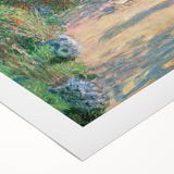 Art deco poster featuring Claude Monet's water lilies in soft blue and green hues on rolled canvas.