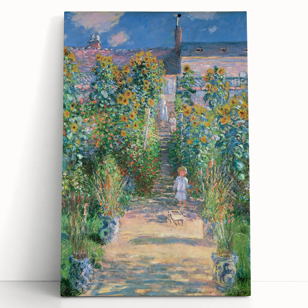 Black and white print of Claude Monet's artwork on stretched canvas, ideal for kitchen wall art or bedroom ambiance.