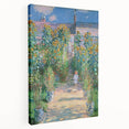 Side view of a Claude Monet-inspired stretched canvas depicting a serene landscape in soft pastel shades.