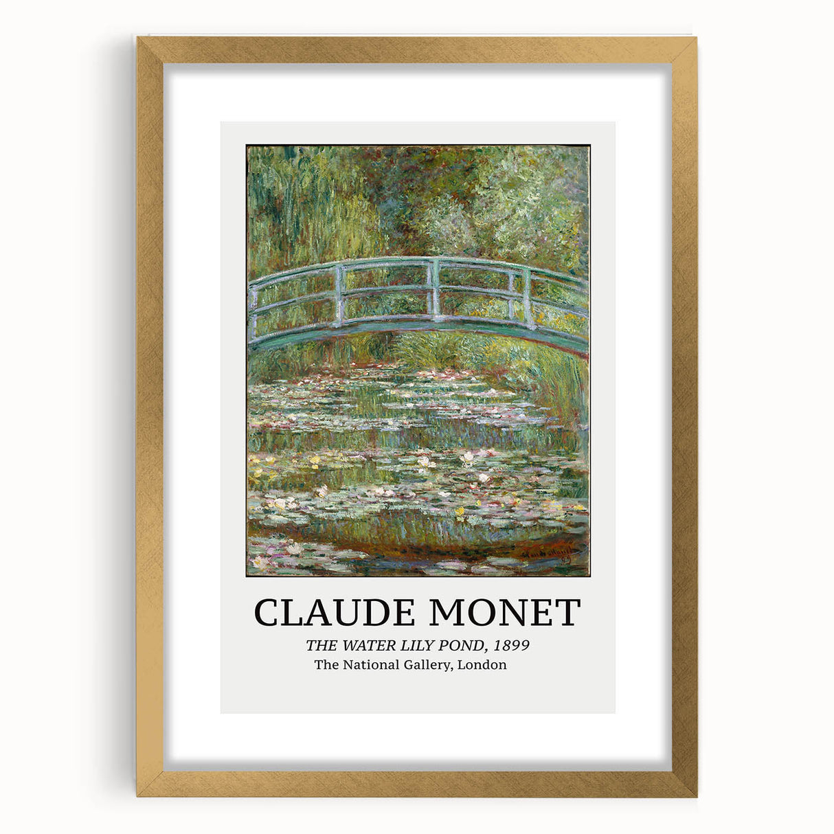 Extra large abstract art print of a Claude Monet-inspired scene with textured brush strokes in gold frame.