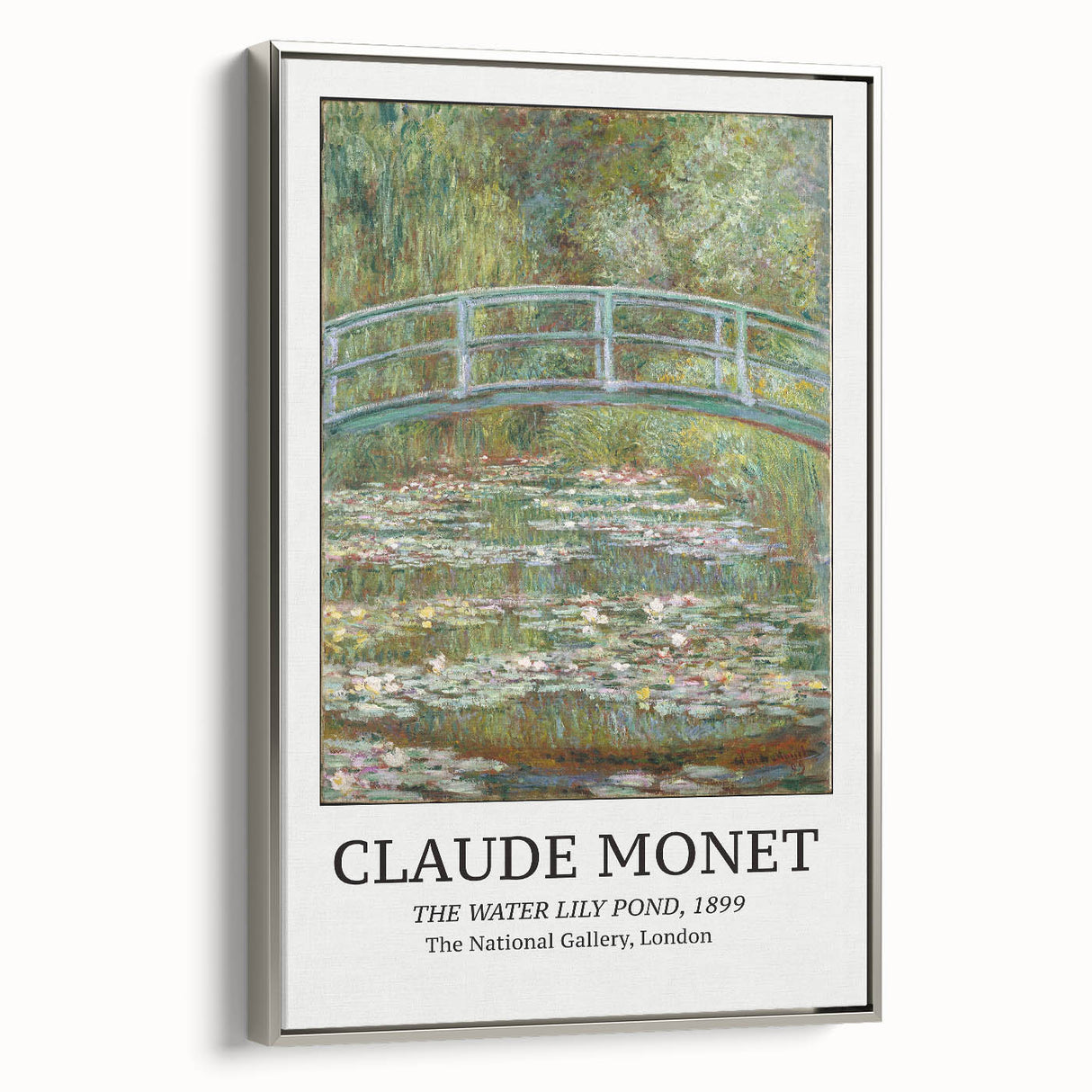 Framed canvas depicting a Claude Monet landscape painting with vibrant green and blue tones, ideal for living room decor.