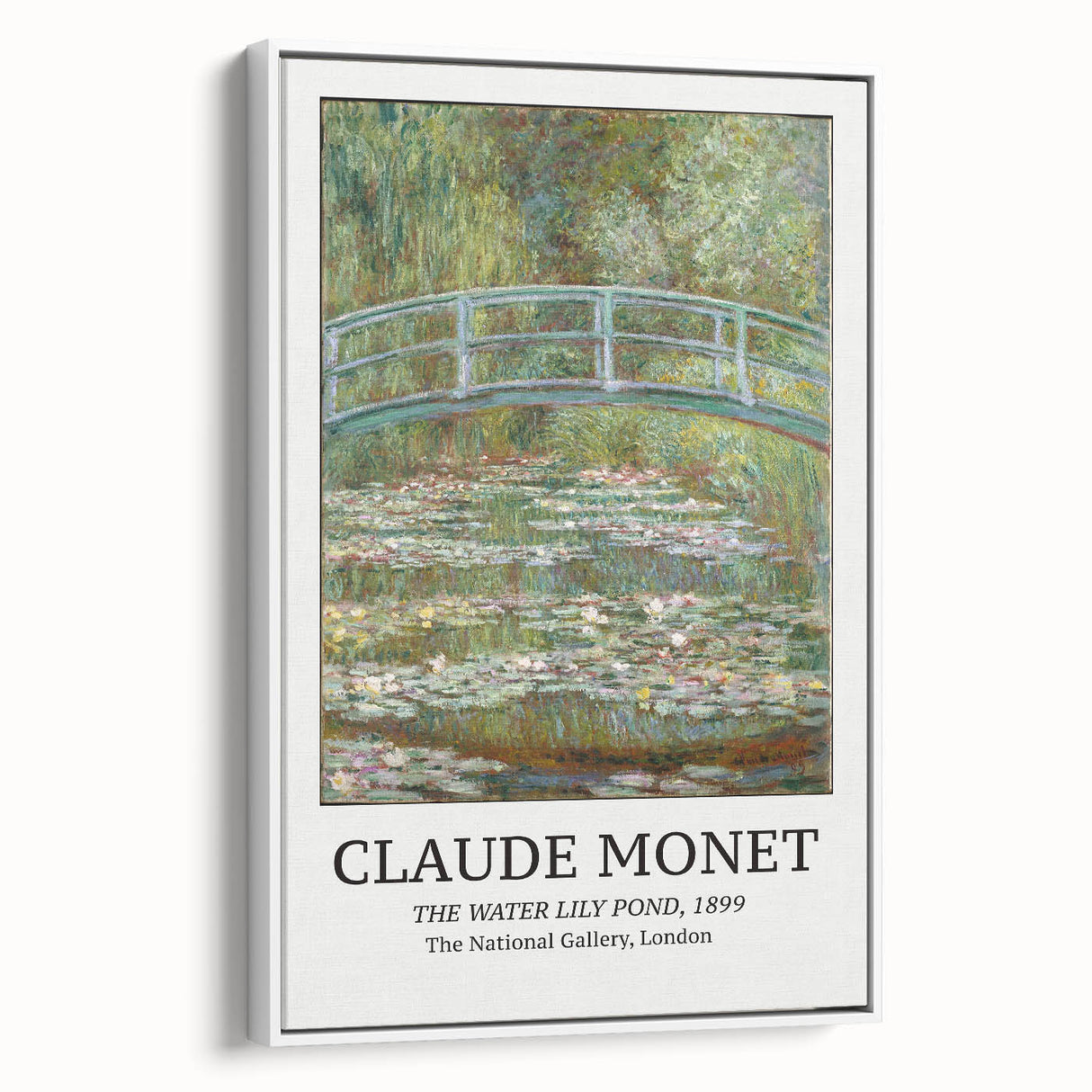 Framed canvas of a Claude Monet vintage poster art, featuring colorful impressionist water lilies.