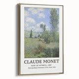Vintage poster art of a Claude Monet landscape painting in muted greens and blues, framed in gold.