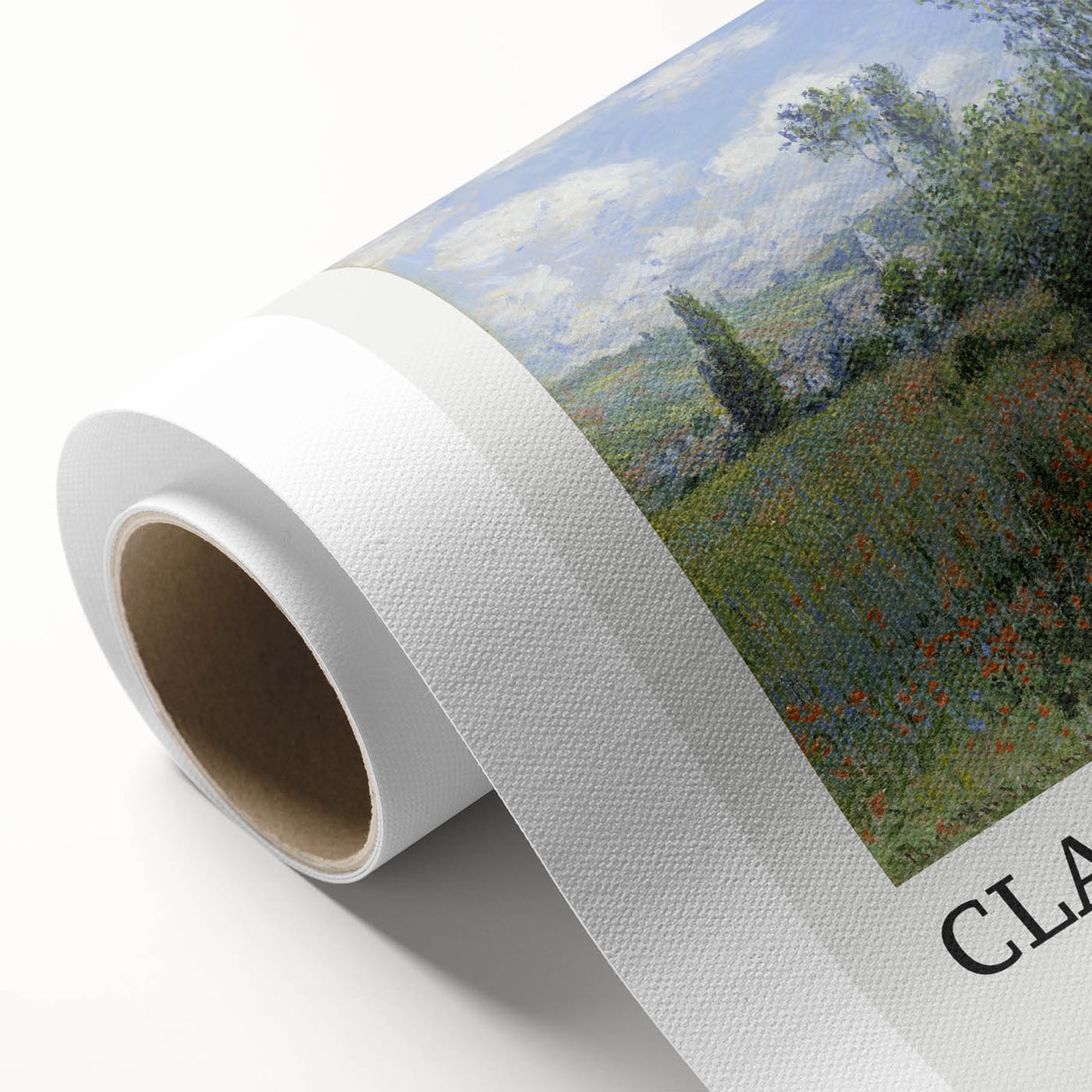 Art deco poster of Claude Monet's water lilies in soft blue and green tones, rolled canvas, suitable for nursery wall art.