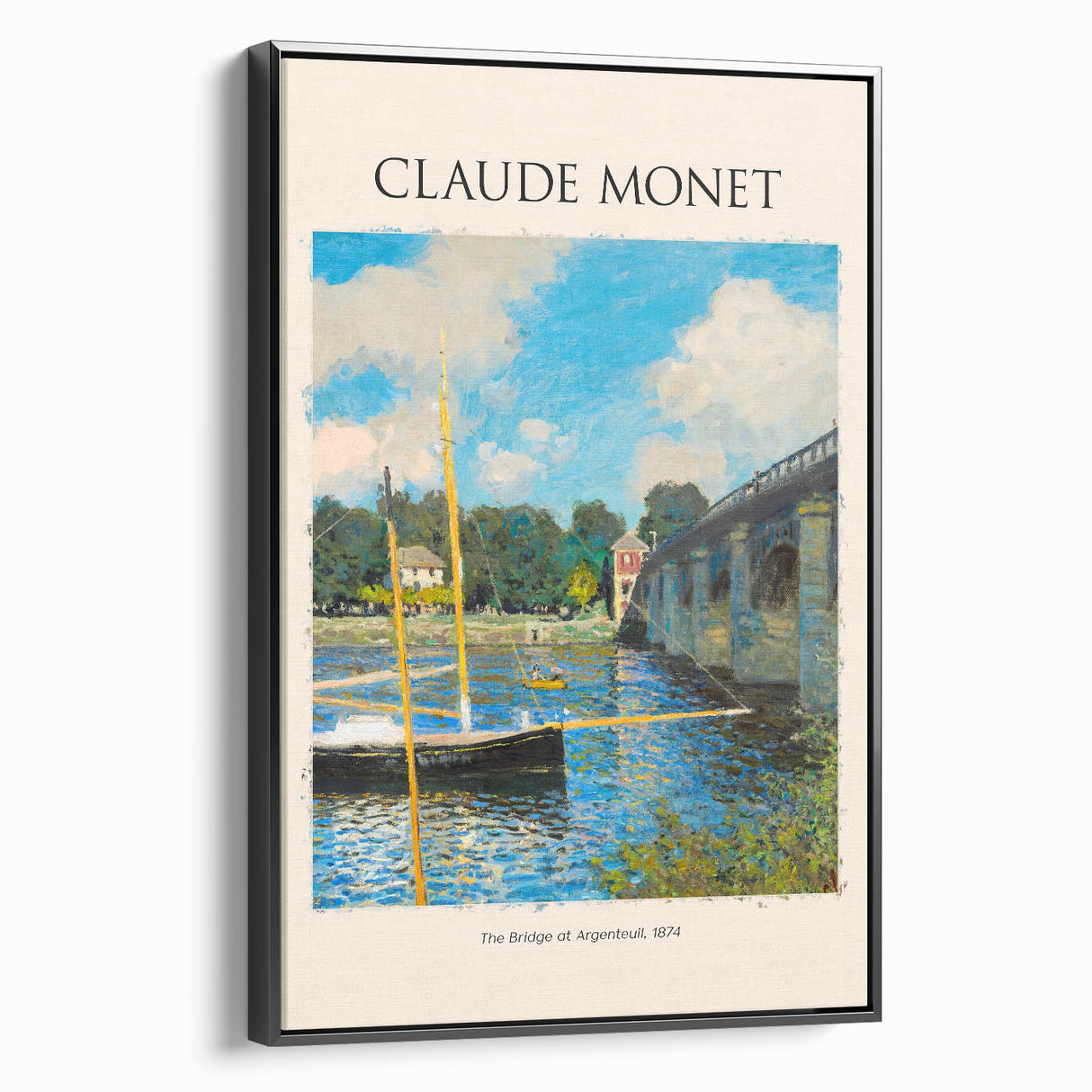 Black and white framed canvas of a Claude Monet landscape, ideal for bedroom wall decor.