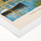 Art deco poster featuring a Claude Monet landscape with soft green and blue tones, ideal for dining room wall art.