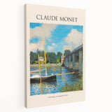 Claude Monet-inspired landscape on stretched canvas with soft blue and green hues, suitable for kitchen wall art.