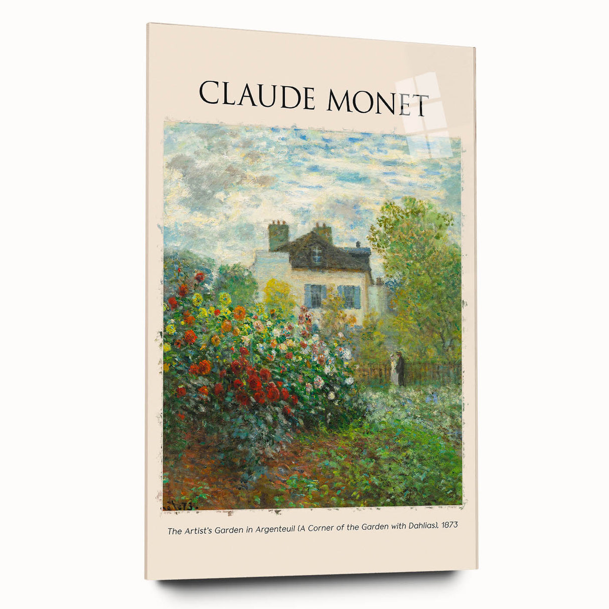 Large abstract wall art print of Claude Monet's water lilies in muted blues and greens on acrylic glass.