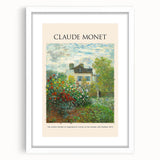Abstract art print of a Claude Monet painting in soft blue and green tones, framed in white, suitable for dining room decor.