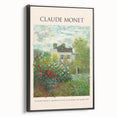 Black and white framed canvas featuring a Claude Monet landscape painting in vintage poster style, ideal for bedroom decor.