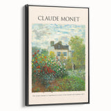 Black and white framed canvas featuring a Claude Monet landscape painting in vintage poster style, ideal for bedroom decor.