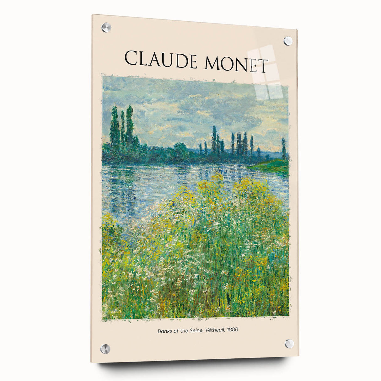 Side view of a Claude Monet-inspired acrylic glass wall art with pins, featuring soft pastel shades.