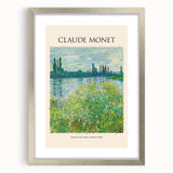 Textured art print of an abstract Claude Monet design in muted green and blue tones, framed in silver.