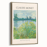 Framed canvas featuring a Claude Monet landscape painting in muted greens and blues, ideal for bedroom wall art.