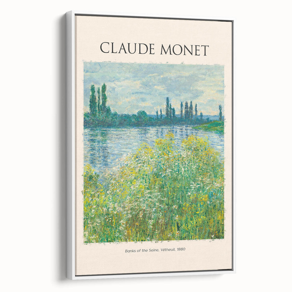 Framed canvas of Claude Monet's vintage poster art featuring colorful, impressionist garden scene.