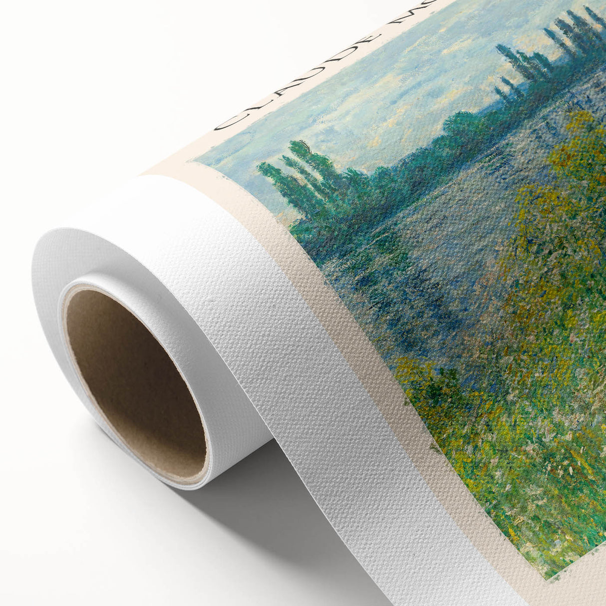 Art Deco-style poster of Claude Monet's water lilies on rolled canvas, featuring soft blue and green tones.