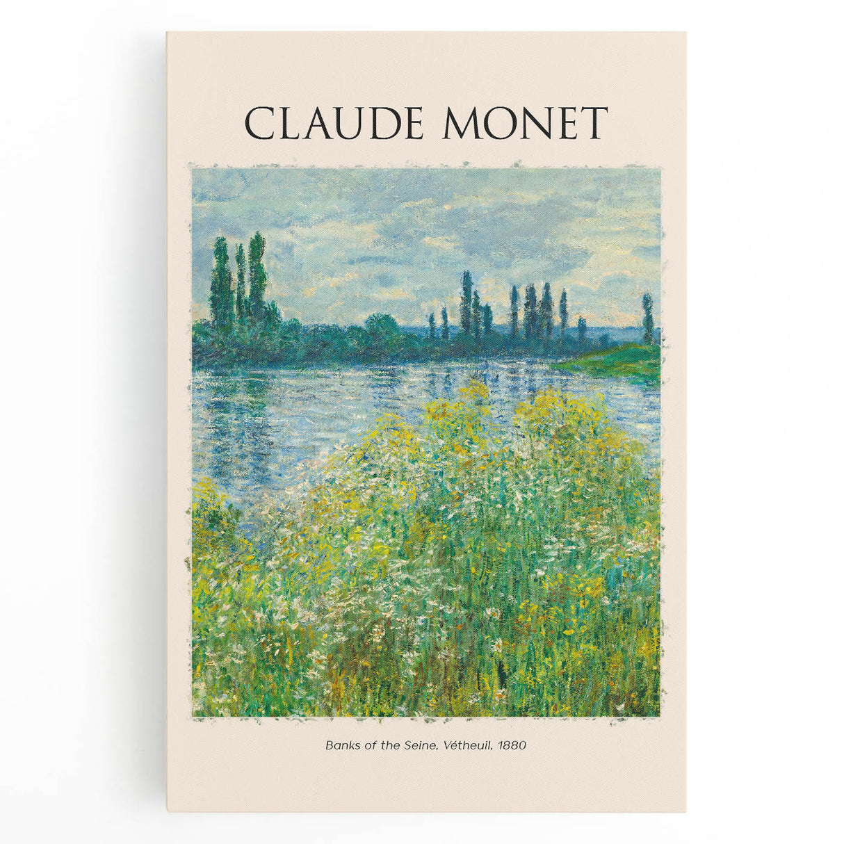Black and white print of Claude Monet's artwork on stretched canvas, ideal for kitchen wall art.