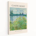 Side view of a Claude Monet inspired stretched canvas depicting a water lily pond in muted blue and green tones.