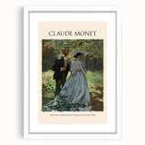 Abstract art print of a Claude Monet painting in soft blue and green hues, framed in white, ideal for dining room decor.