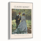 Vintage poster art of Claude Monet's painting in a white frame, featuring colorful art on black.